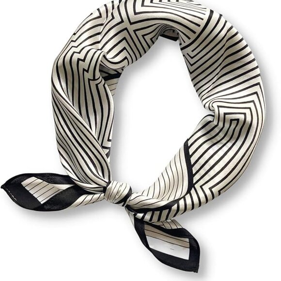 100% Mulberry Silk Neck Scarf 21"x21" Black & White Stripes - Picture 2 of 5